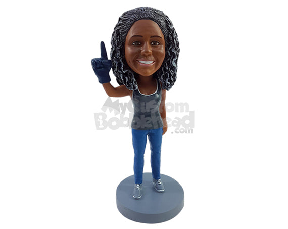 Female Football Fan Wearing Sleeveless Shirt with a Number One Finger Glove in One Hand Personalized Bobblehead