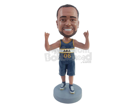 Custom Bobblehead nice guy making a cool sign with both hands in the air, wearing a sleeveless jersey and shorts - Sports & Hobbies Basketball Personalized Bobblehead & Action Figure