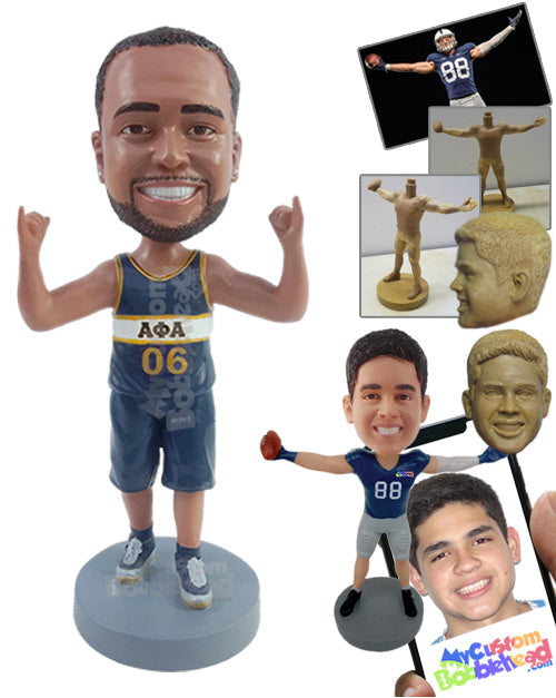 Nice guy making a cool sign with both hands in the air, wearing a sleeveless jersey and shorts Personalized Bobblehead