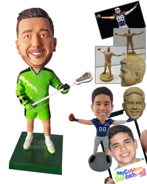 Male lacrosse player wearing his uniform with a long sleeve jersey and holding his lacrosse stick Personalized Bobblehead