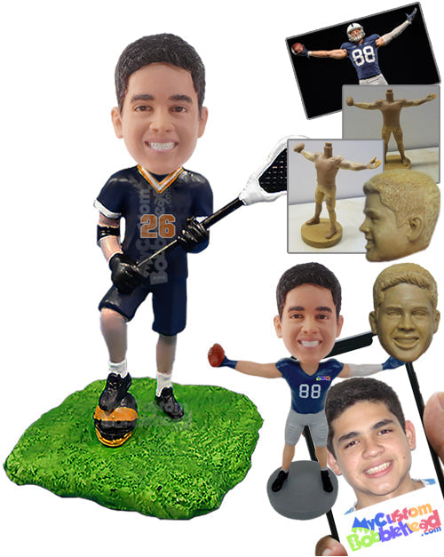 Male lacrosse player having a good time with his uniform on, stepping on his helmet Personalized Bobblehead