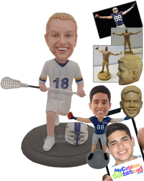 Sporty male lacrosse player running to get the ball with his stick Personalized Bobblehead