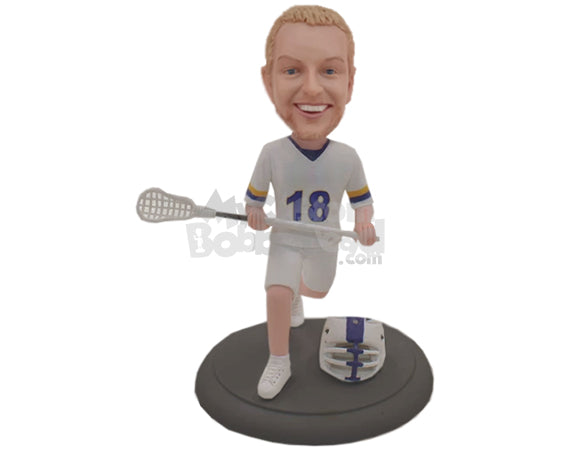 Sporty male lacrosse player running to get the ball with his stick Personalized Bobblehead