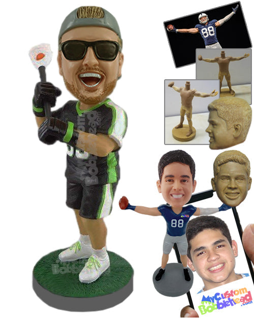 Cool Looking Lacrosse Player Ready to Throw the Ball Personalized Bobblehead