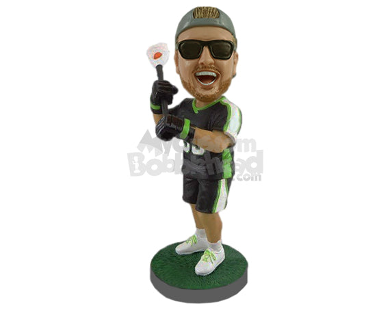 Cool Looking Lacrosse Player Ready to Throw the Ball Personalized Bobblehead