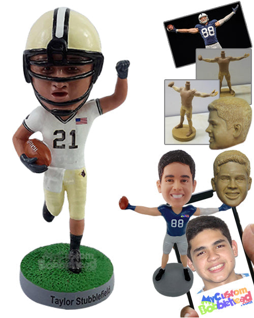 Football Player Champ Running with His Ball on the Side Personalized Bobblehead