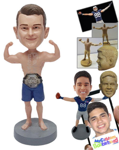 Professional MMA fighter showing his muscles, wearing his winning belt and shorts Personalized Bobblehead