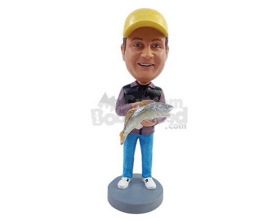 Custom Bobblehead Casual Fisherman  holding a big prize winner fish wearing casual jeans and shoes - Sports & Hobbies Fishing Personalized Bobblehead & Action Figure