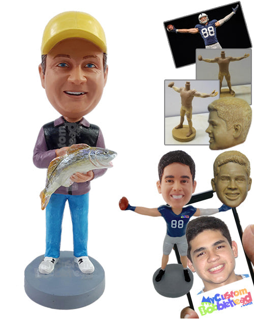 Casual Fisherman Holding a Big Prize-Winning Fish in Casual Jeans and Shoes Personalized Bobblehead