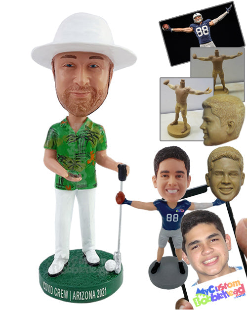 Vacational golfer player wearing a nice Hawaiian shirt and pants holding a patch of grass Personalized Bobblehead