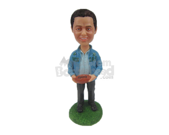 Custom Bobblehead Football Fan Dude Wearing Jacket Has A Ball In Hand - Sports & Hobbies Football Personalized Bobblehead & Cake Topper