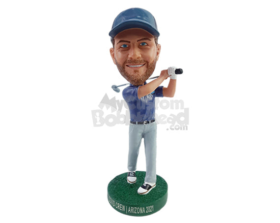 Professional golfer swinging high to hit the hole in one Personalized Bobblehead