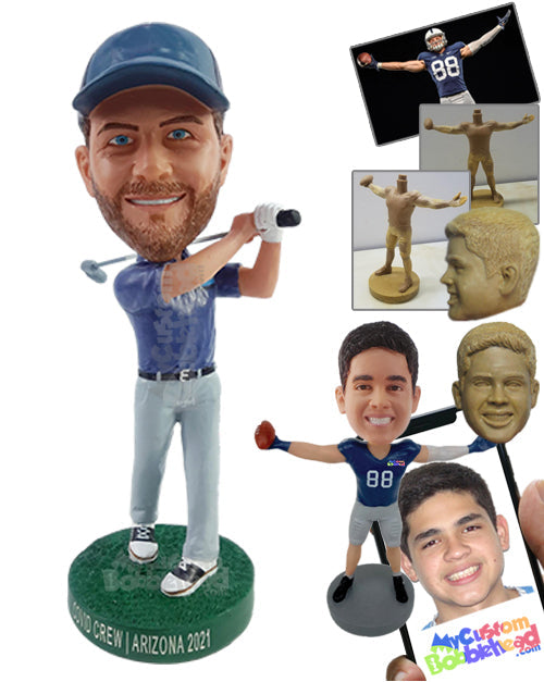 Professional golfer swinging high to hit the hole in one Personalized Bobblehead