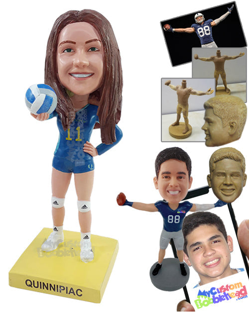 Nice looking volleyball player handing the ball with one hand on the hip Personalized Bobblehead