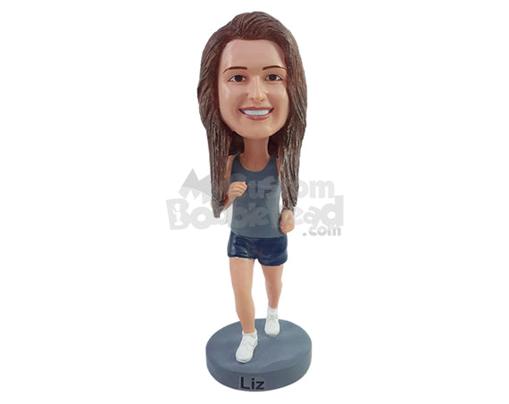 Custom Bobblehead Happy runner girl exercising wearing a tank top and shorts - Sports & Hobbies Running Personalized Bobblehead & Action Figure