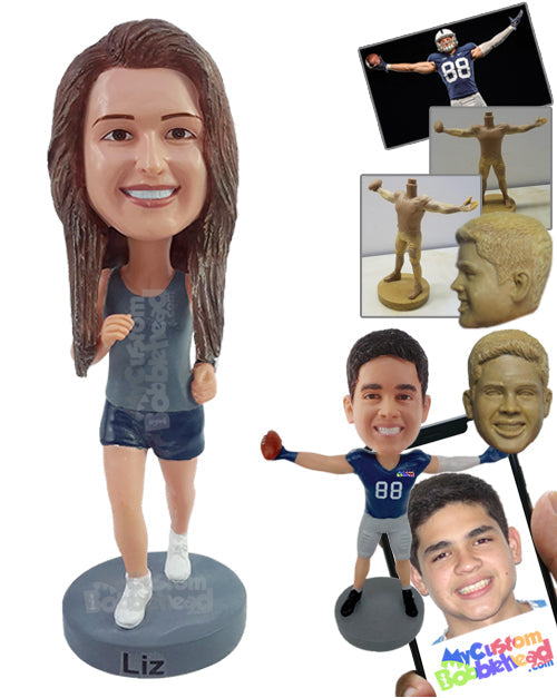 Happy Runner Girl Exercising, Wearing a Tank Top and Shorts Personalized Bobblehead