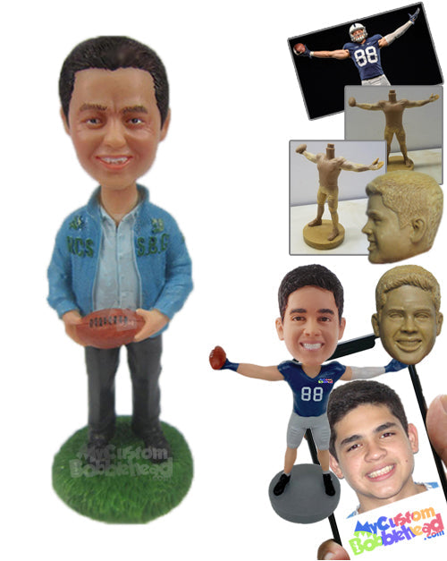 Football Fan Dude Wearing Jacket Has a Ball in Hand Personalized Bobblehead