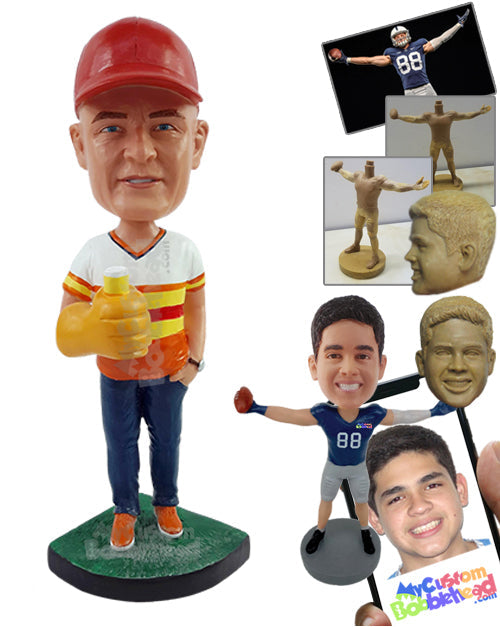 Male baseball fan having a beer with a big glove, ready for his team's game Personalized Bobblehead