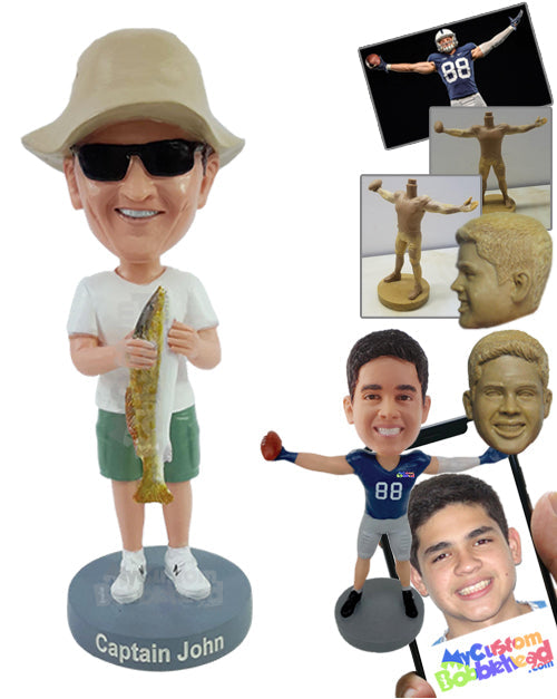 Male fisherman holding a big fish, wearing a t-shirt, cargo shorts, and nice sneakers Personalized Bobblehead