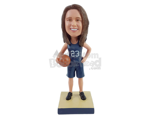 Gorgeous Female Basketball Player Holding the Ball with the Other Hand on the Hip Personalized Bobblehead