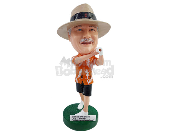 Custom Bobblehead Vacaional guy playing wearing nice Hawaiian shirt and shorts swinging the golf ball - Sports & Hobbies Golfing Personalized Bobblehead & Action Figure