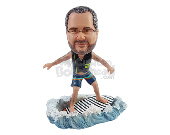 Custom Bobblehead Surfer dude having a good day wearing a life vest and swimshorts on the surfboard - Sports & Hobbies Surfing & Water Sports Personalized Bobblehead & Action Figure