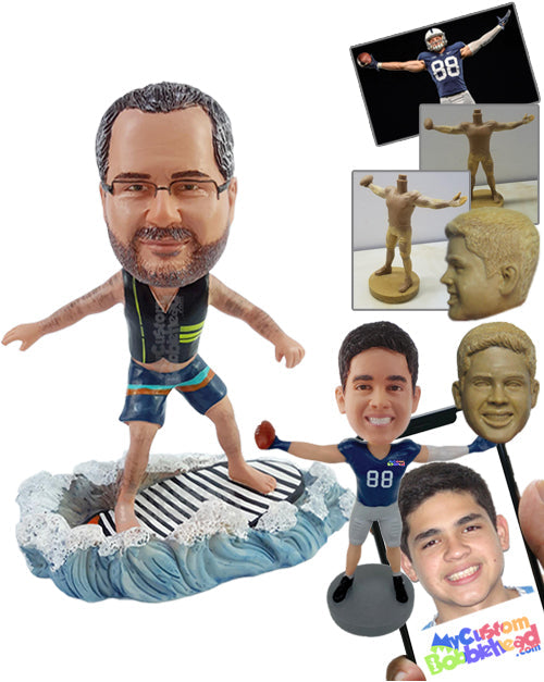 Surfer dude having a good day wearing a life vest and swimshorts on the surfboard Personalized Bobblehead