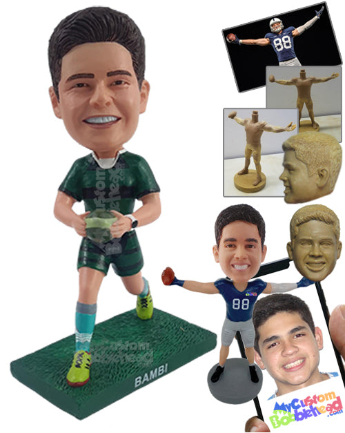 Rugby male player running with the ball, team's uniform Personalized Bobblehead