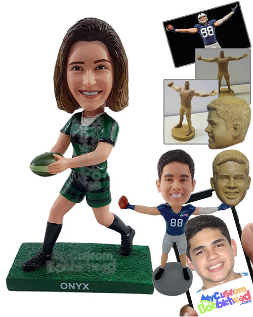 Rugby female player running with the ball, team's uniform Personalized Bobblehead