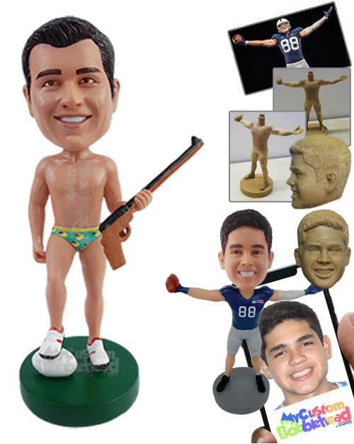 Funny Dude Wearing Underwear, Holding a Rifle, and Stepping on a Football with His Shoes Personalized Bobblehead