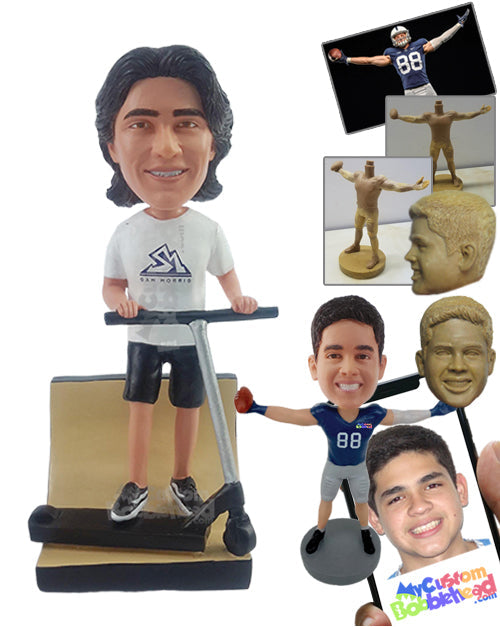 Scooter champ ready to make some moves on the ramp wearing a t-shirt and shorts Personalized Bobblehead