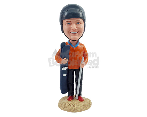 Custom Bobblehead Skii dude holding the skiis and wearing nice winter jacket - Sports & Hobbies Skiing & Skating Personalized Bobblehead & Action Figure