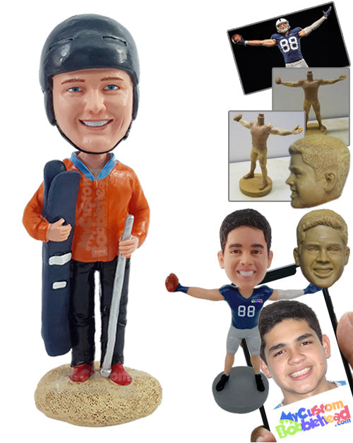 Ski dude holding skis, wearing a nice winter jacket Personalized Bobblehead