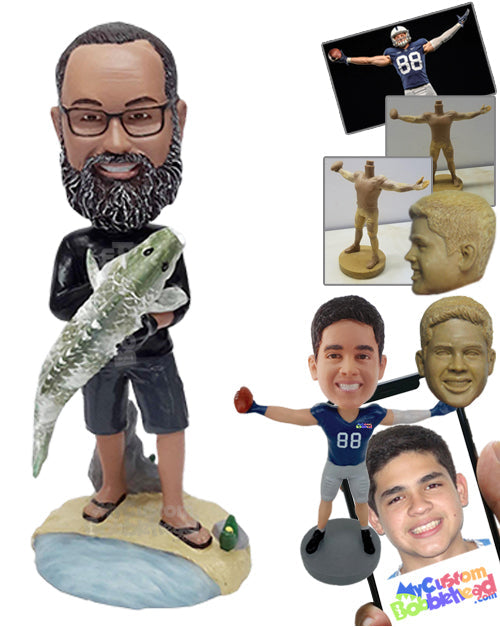 Relaxed fisherman holding his big fish, wearing a long sleeve t-shirt, shorts, and flip-flops Personalized Bobblehead