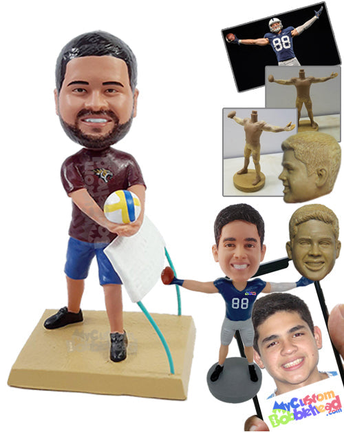 Beach Volleyball Player Dude Hitting the Ball and Net Wearing a T-Shirt and Shorts Personalized Bobblehead