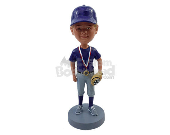 Baseball Champion Posing with His Medal Around the Neck and a Glove on the Hand Personalized Bobblehead