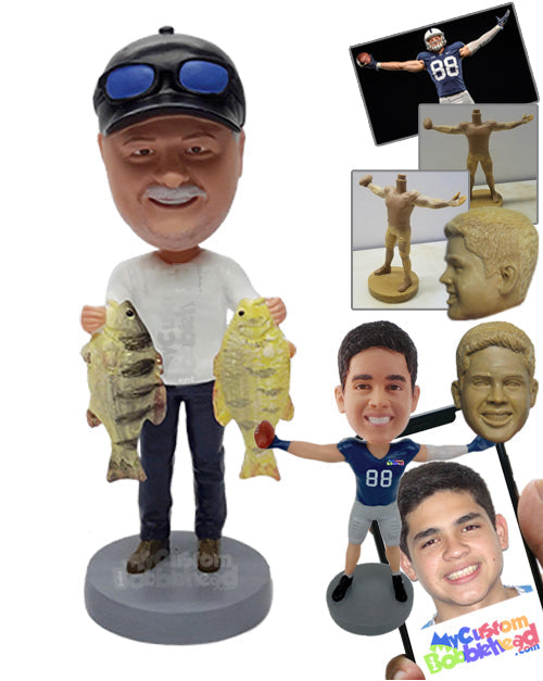 Fisherman Holding 2 Fish, One in Each Hand, Wearing a T-shirt and Pants Personalized Bobblehead