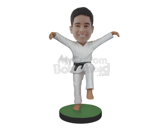 Custom Bobblehead Karate fighter doing the famous Crane kick with both arms up and un leng in the air - Sports & Hobbies Boxing & Martial Arts Personalized Bobblehead & Action Figure