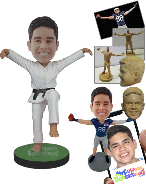 Karate fighter doing the famous Crane kick with both arms up and one leg in the air Personalized Bobblehead