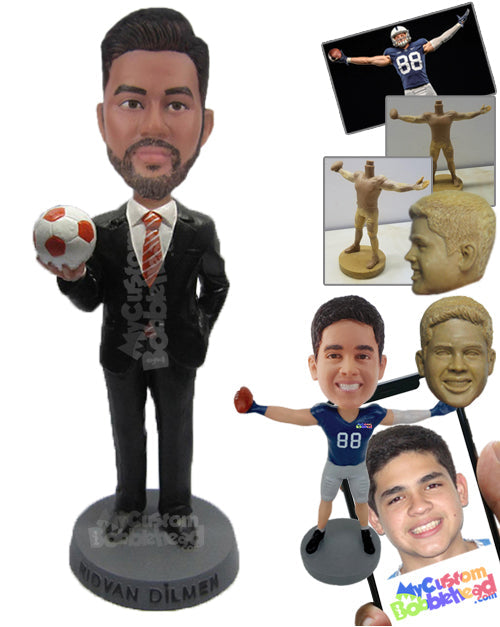 Soccer Fan Corporate Executive Wearing Trendy Formal Outfit with a Ball in Hand Personalized Bobblehead