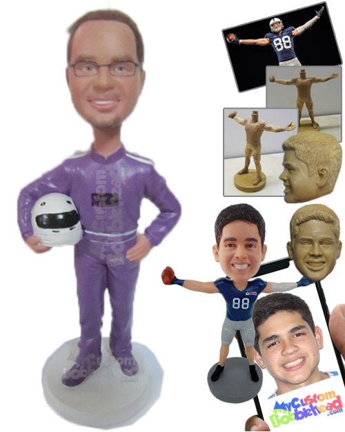 Male Car Racer in Racing Outfit Ready to Turn on the Gas Personalized Bobblehead