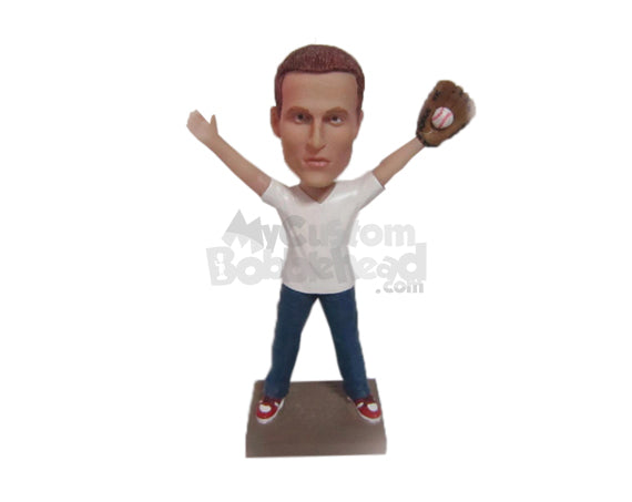 Custom Bobblehead Baseball Aficionado Catching The Ball To Win The Game - Sports & Hobbies Baseball & Softball Personalized Bobblehead & Cake Topper