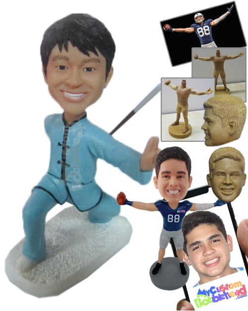 Karate Kid with a Fighting Artifact in Hand Showing Karate Moves Personalized Bobblehead