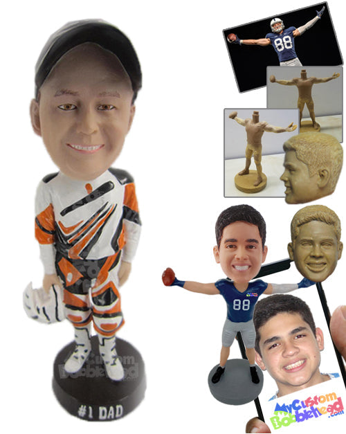 Off-Road Motorcycle Rider in His Racing Outfit Posing for the Camera After Winning the Race Personalized Bobblehead