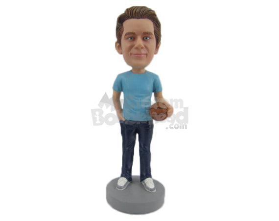 Custom Bobblehead Cool Dude Wearing T-Shirt And Jeans Has A Basketball In Hand - Sports & Hobbies Basketball Personalized Bobblehead & Cake Topper