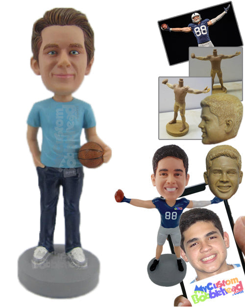 Cool Dude Wearing T-Shirt and Jeans Has a Basketball in Hand Personalized Bobblehead