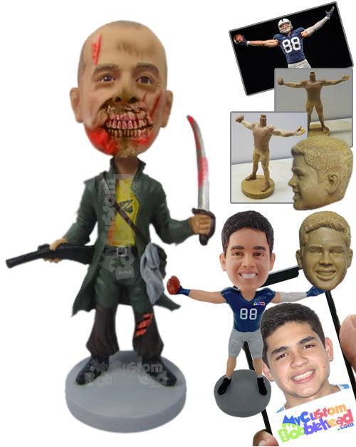 Dangerous Zombie Holding a Knife and Gun Personalized Bobblehead