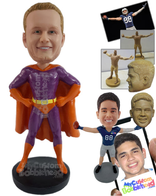 Superhero in Action Costume and Long Cape Personalized Bobblehead