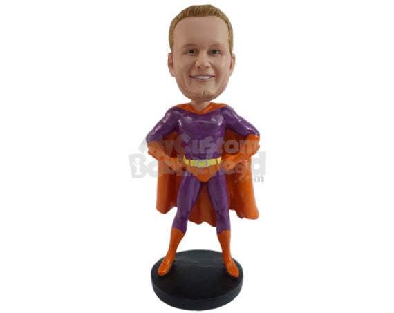 Superhero in Action Costume and Long Cape Personalized Bobblehead