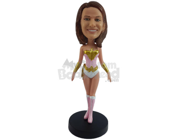 Gorgeous Female Superhero in Action Costume and High Boots Personalized Bobblehead